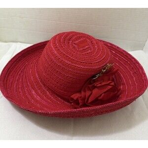 Vintage Georgi Red Woven Straw Hat Wide Brim Floral Butterfly Derby Society NWT